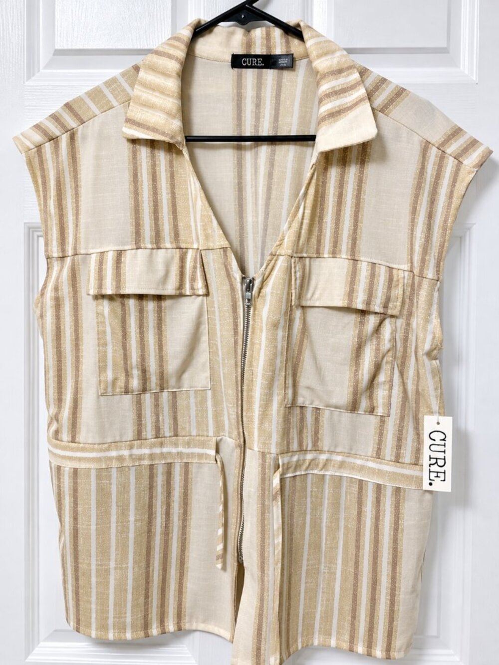 Women’s Striped Sleeveless Utility Vest Full Zip Multi Pocket